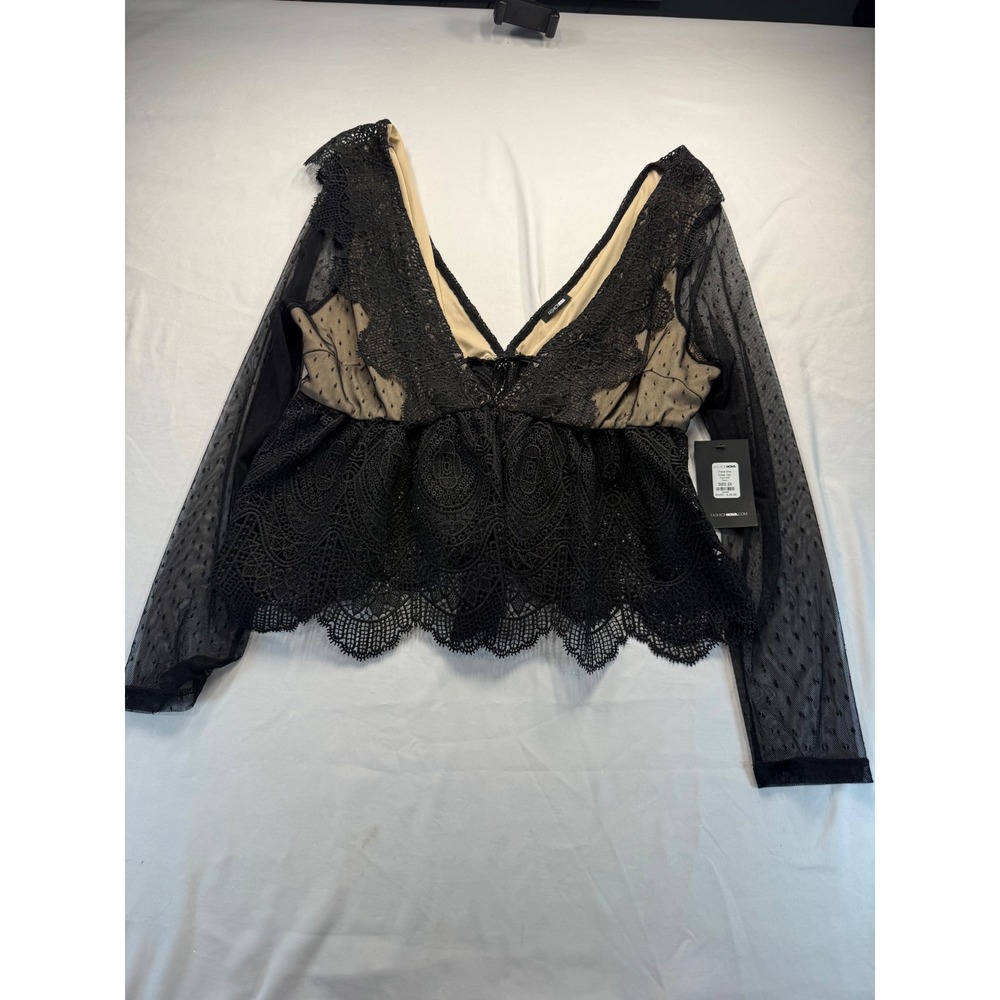 Fashion Nova Women 2X There She Goes Top Black Lace Swiss Dot Mesh V-Neck Blouse